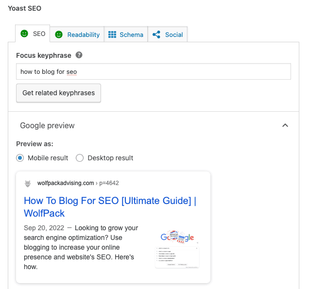 Yoast SEO focus keyphrase