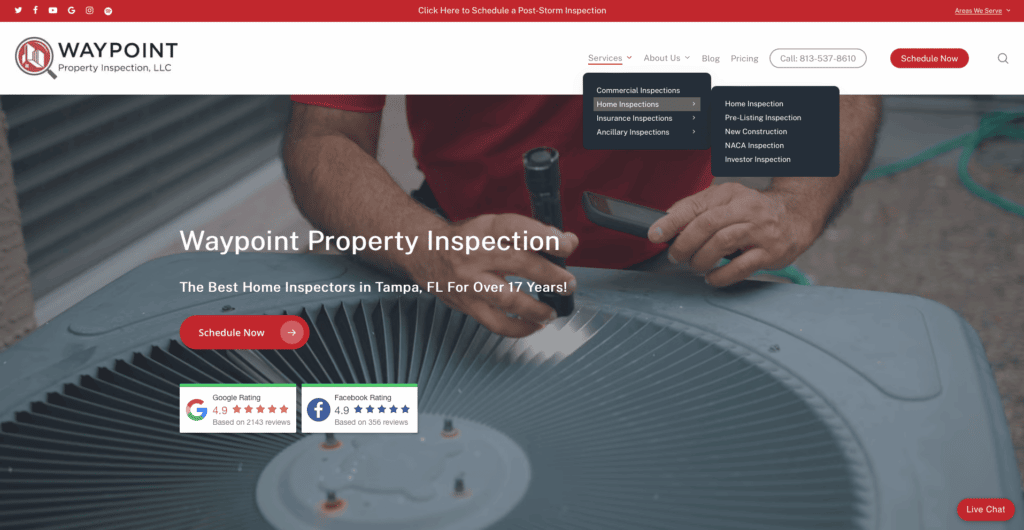 waypointinspection.com submenu with listed service pages.