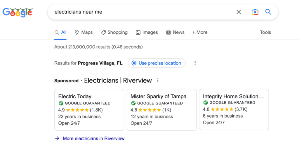 electricians near me in google search, google local ads showing.