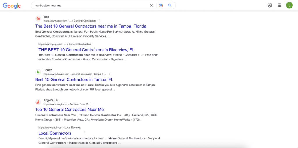 Google search engine results for contractors near me.