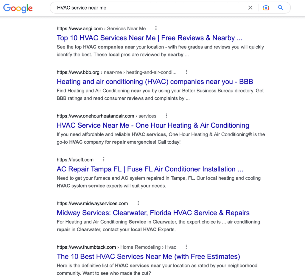 Search engine results for HVAC near me