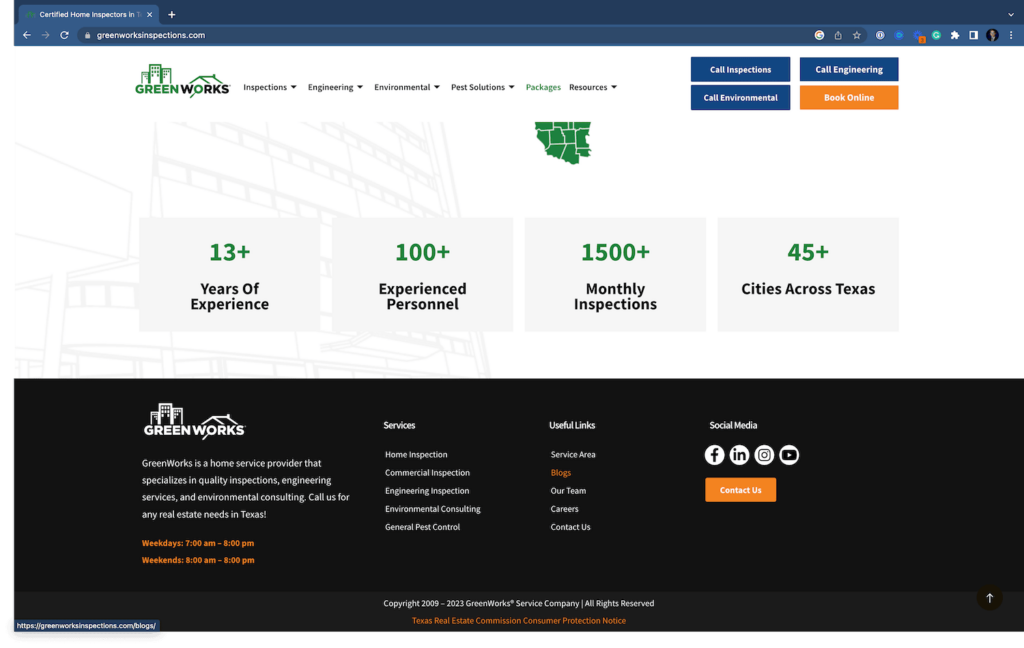 screenshot of footer for greenworks inspections website