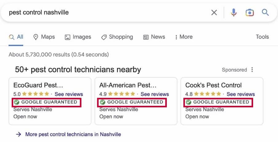 An image showing Google Guaranteed pest control companies in Nashville