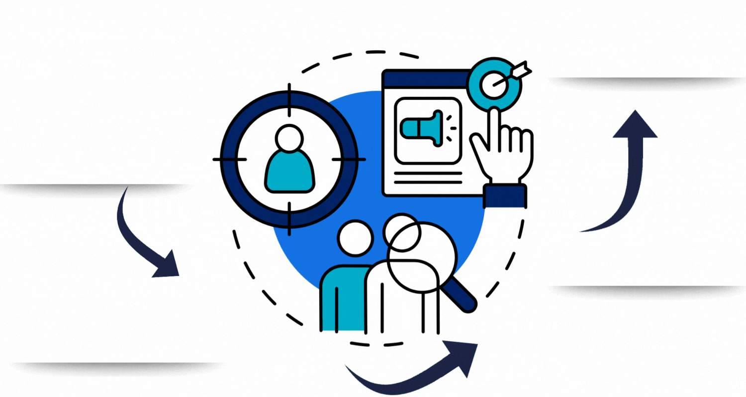 Animated visual showing audience targeting, content delivery, and timing strategy to illustrate story timing.