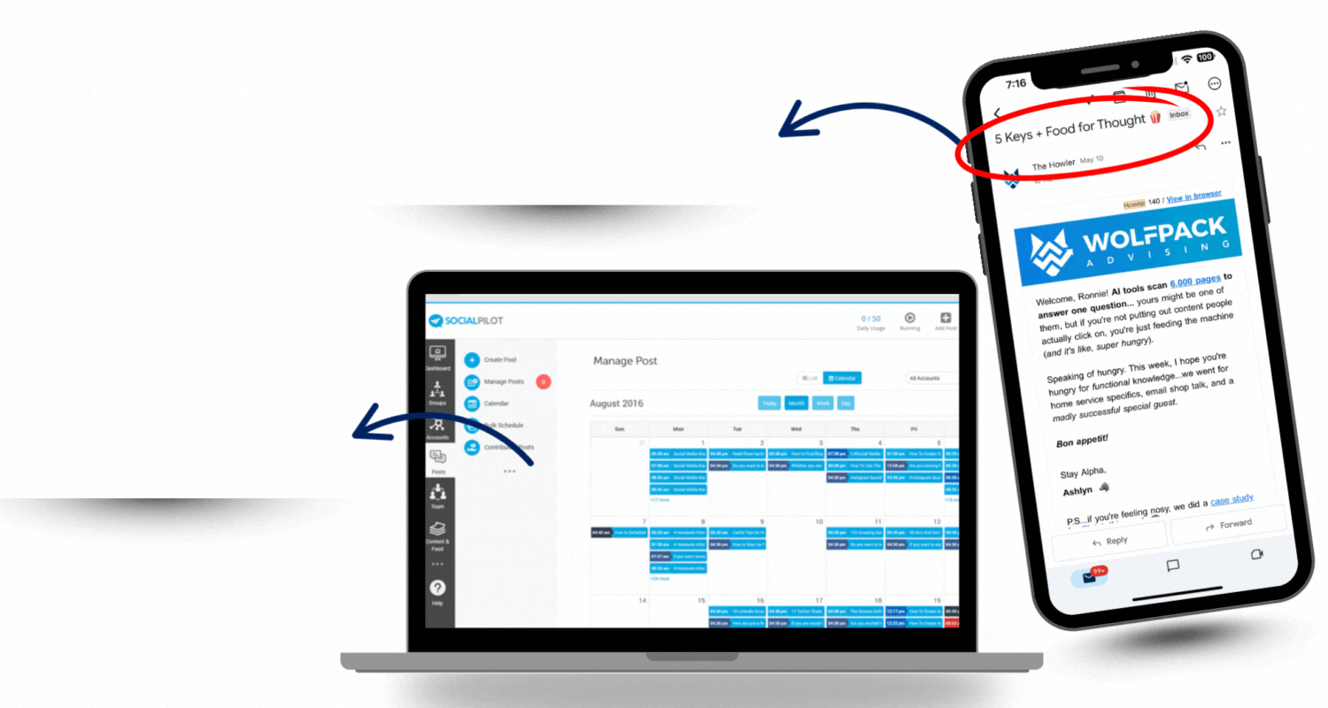 Laptop and phone showing content scheduling and email campaign—highlighting story timing across platforms.