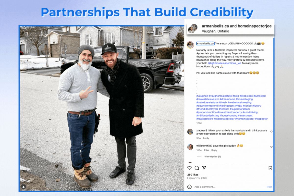 GIF of a realtor and home inspector smiling together, highlighting a social post about their partnership.