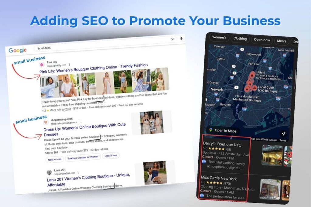 Google search results showing where to advertise your business using SEO