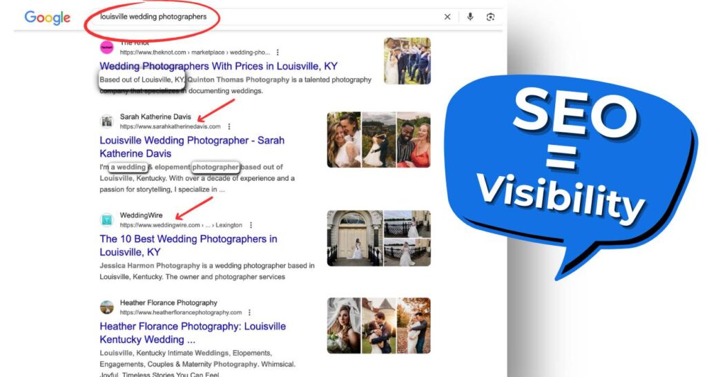 Google search results for "Louisville wedding photographers" showing top-ranking websites, highlighting the importance of SEO for wedding photographers.