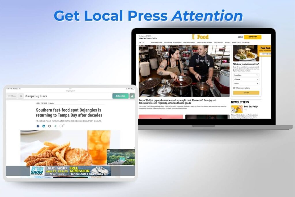 Image showing local news features of food businesses in online articles from The Philadelphia Inquirer and Tampa Bay Times.