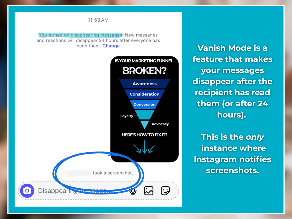 vanish mode and Instagram screenshots