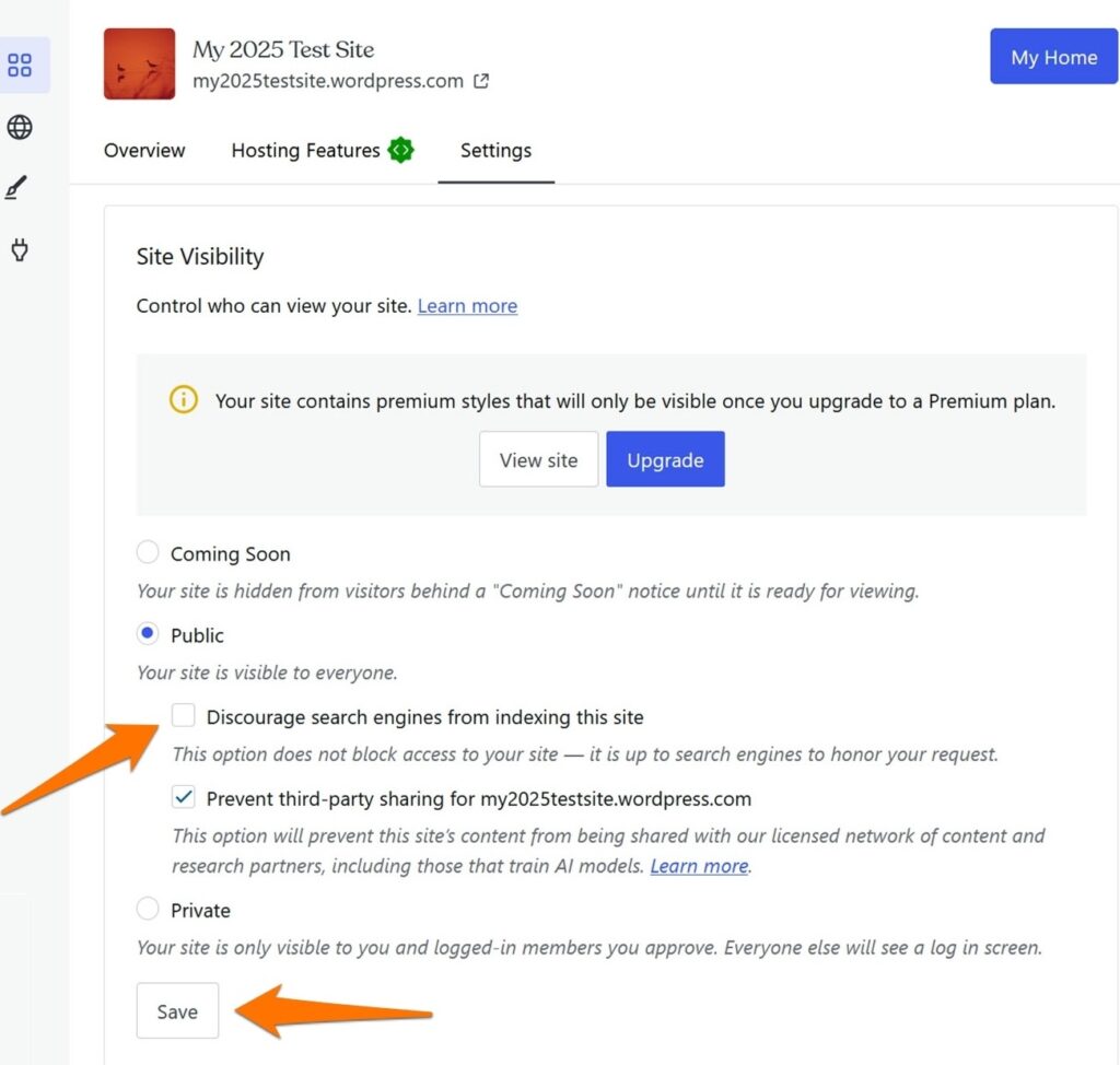 WordPress site visibility settings with 'Public' selected, option to discourage search engines unchecked, and Save button highlighted.