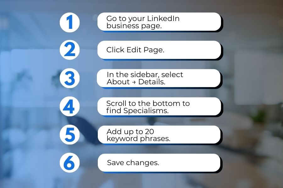 Step-by-step guide showing how to add linkedin hashtags (Specialisms) to a LinkedIn business page.