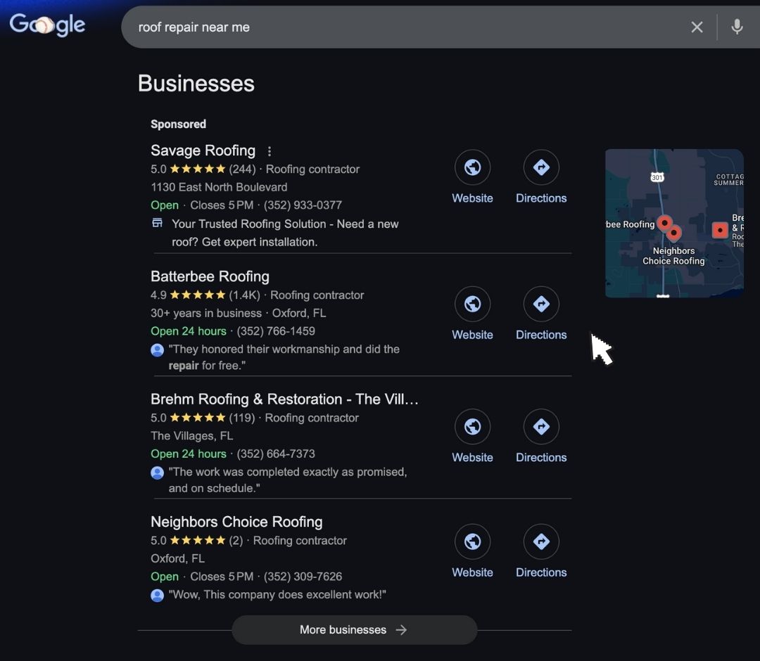 search engine results for roofer near me showing relevance, proximity, reputation