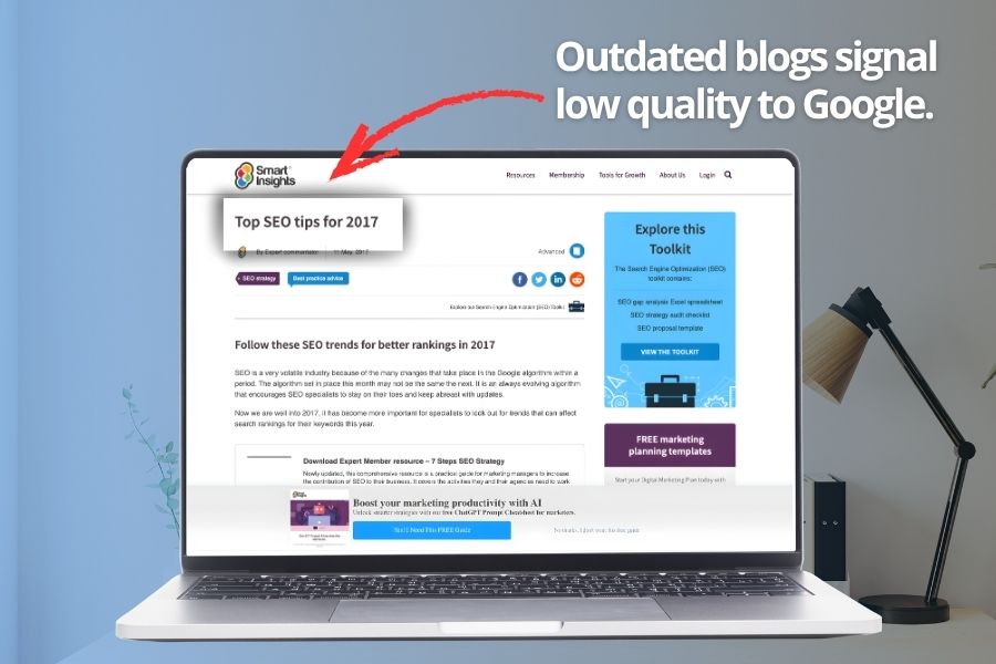 An image highlighting that outdated blog posts can hurt SEO performance.
