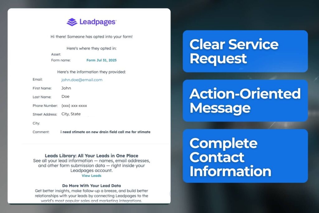 Anonymized lead notification showing service request details and contact intent.