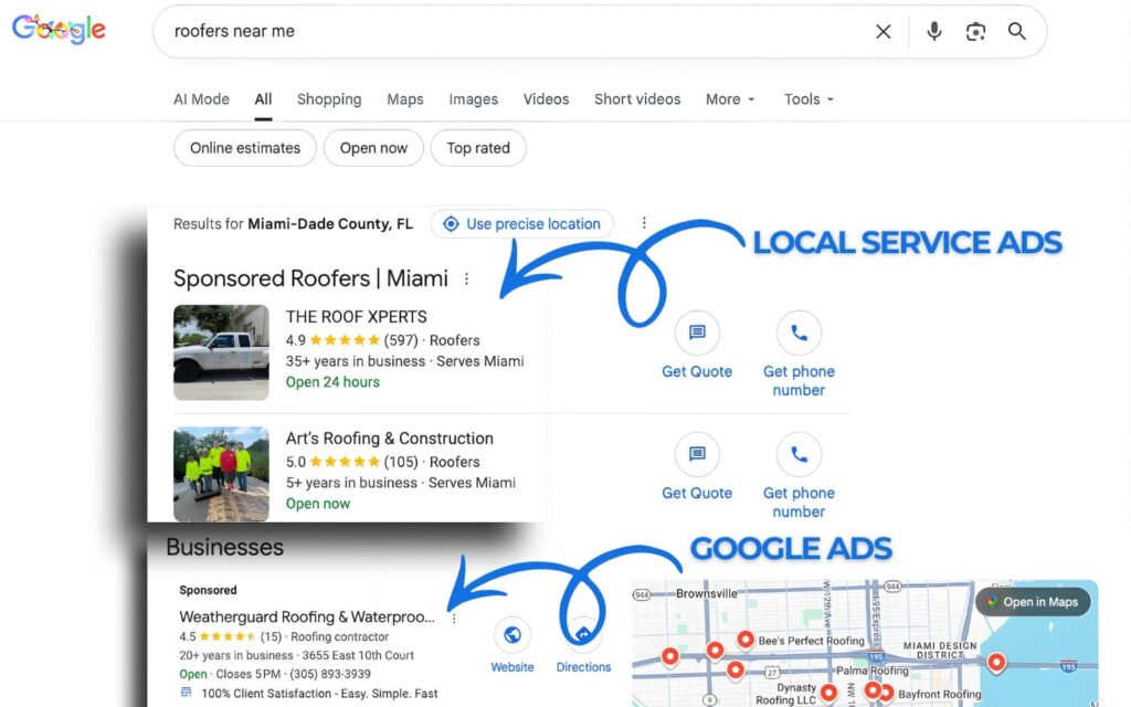 Side-by-side comparison of Google Ads versus Google Local Service Ads features.