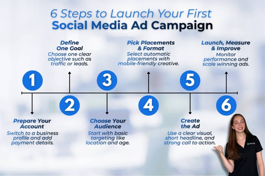 Illustration outlining the key steps to create and launch a social media ad campaign.