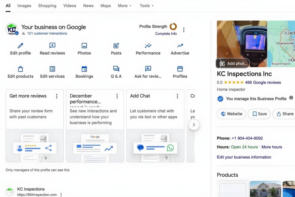 Owner management interface for a Google Business Profile.