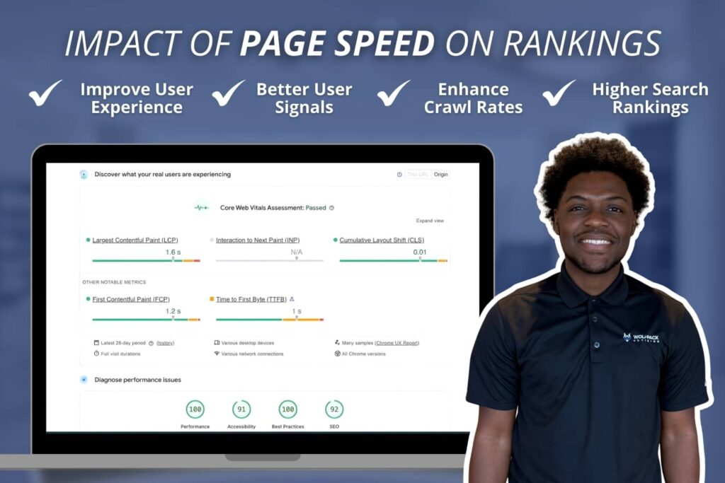 Illustration showing how faster page speed improves search rankings and user experience, while slow load times reduce visibility and engagement.