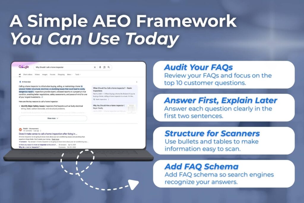 Graphic titled βA Simple AEO Framework You Can Use Todayβ showing a laptop with Google results and four tips: Audit your FAQs, Answer first explain later, Structure for scanners, Add FAQ schema.