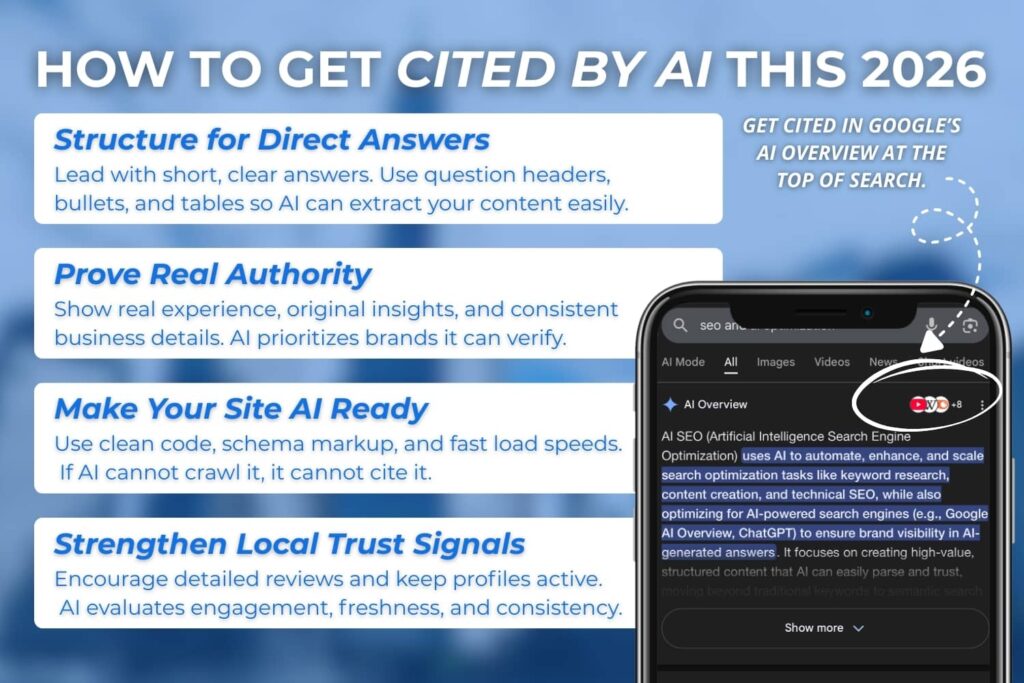 Mobile Google search results showing an AI Overview citing top sources for SEO and AI optimization.