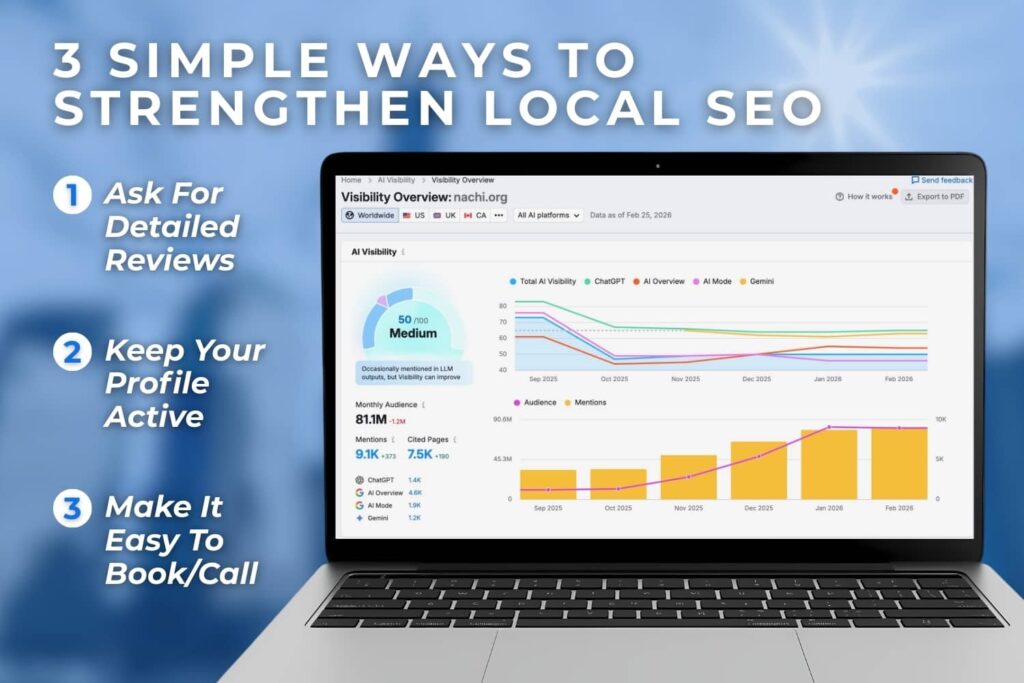 Graphic showing three local SEO tips to boost Google Maps visibility.