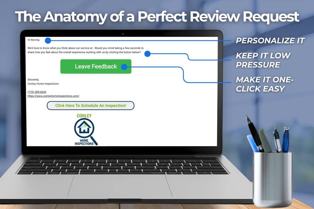 Infographic showing the key parts of a high-converting review request message.