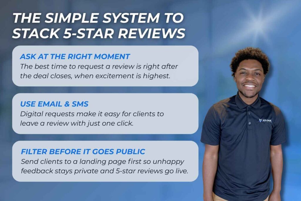 Maurice is standing beside text explaining a simple system for generating more 5-star reviews by asking at the right moment, using email and SMS requests, and filtering feedback before it goes public.