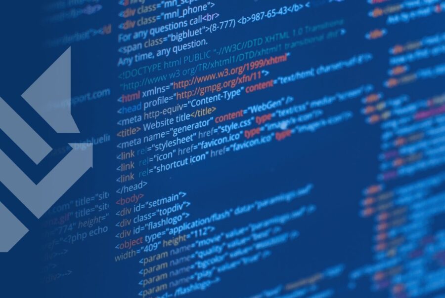 Close-up of colorful HTML code on a blue background, conveying a sense of technical complexity and digital innovation. A geometric logo is on the left.