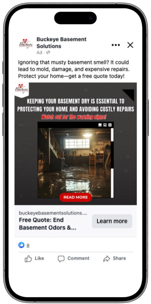 Buckeye Basement Solutions Meta Ad Meta Ad in a iPhone mockup for Buckeye Basement Solutions