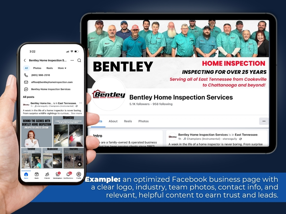 Graphic showing an example of an optimized Facebook Business page for a home inspector