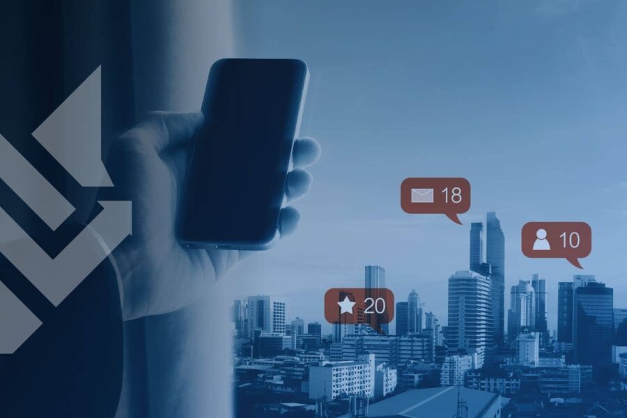 A person holding a smartphone showing a social media and marketing funnel visualization over a city skyline, representing digital lead generation for home service businesses.