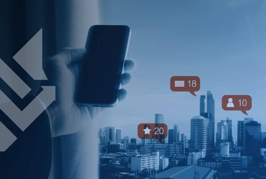 A person holding a smartphone showing a social media and marketing funnel visualization over a city skyline, representing digital lead generation for home service businesses.