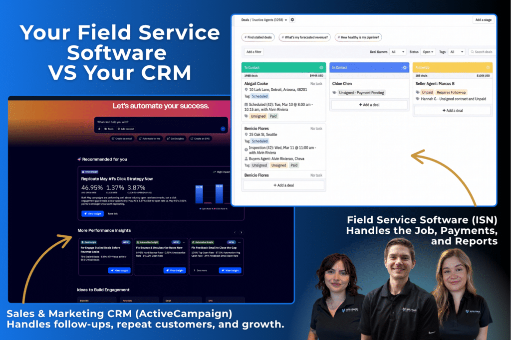 Comparison graphic showing field service software (ISN) versus a sales and marketing CRM (ActiveCampaign) to help service businesses choose the best CRM for a service business