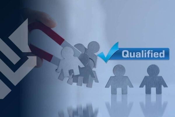 How to qualify a lead concept image with a magnet pulling figures toward a Qualified checkmark while two figures are left behind, branded with the WolfPack Advising logo
