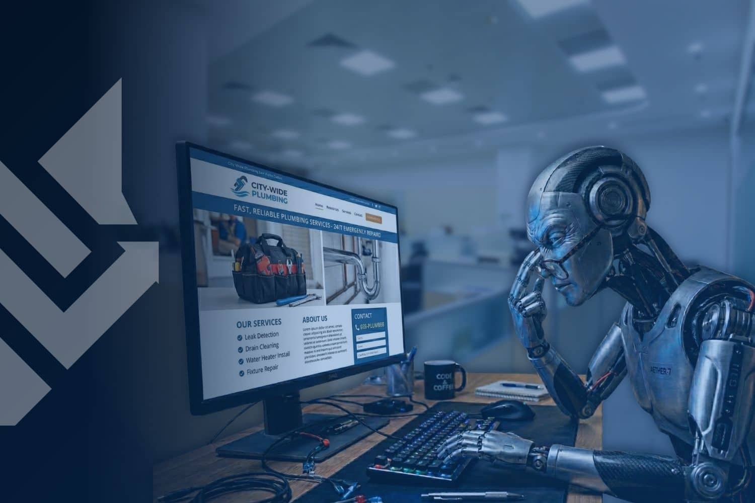 AI robot studying a local plumbing business website, showing how agentic search evaluates local service companies