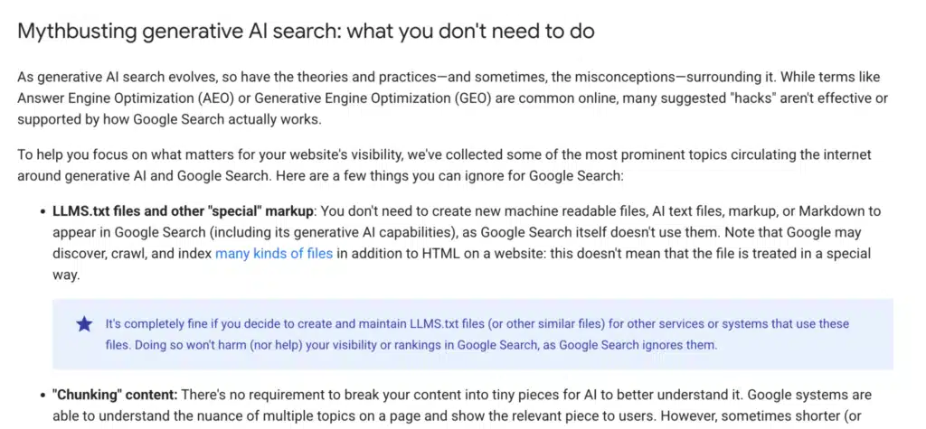 Screenshot of google webmaster guidelines. Google's webmaster guidelines mentioning that llms.txt is not neeeded or required. Google Search itself does not use llms.txt