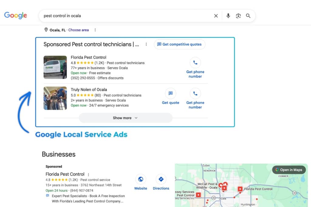 Google search results for "pest control in Ocala" with the Google Local Service Ads unit at the top highlighted, showing two pest control businesses with star ratings and Get phone number buttons