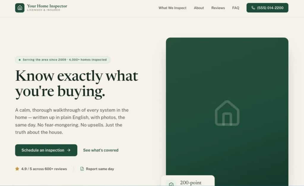 Claude Code and Design Website Sample Page for a home service business with several generic design elements that alert users of an entirely Claude-built site.