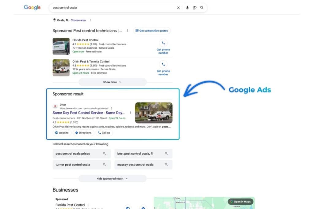 Google search results for "pest control in Ocala" with a sponsored Google Ads listing in the local results highlighted, showing a pest control business with Website and Directions buttons