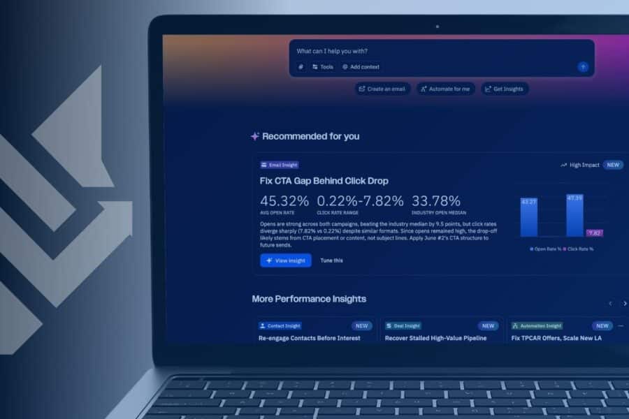 CRM dashboard showing AI performance insights, email open rates, and pipeline value for a service business