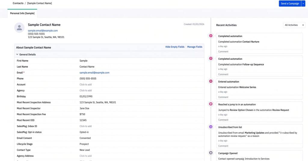 CRM contact record showing a customer's details and a timeline of recent activities like completed automations and email opens