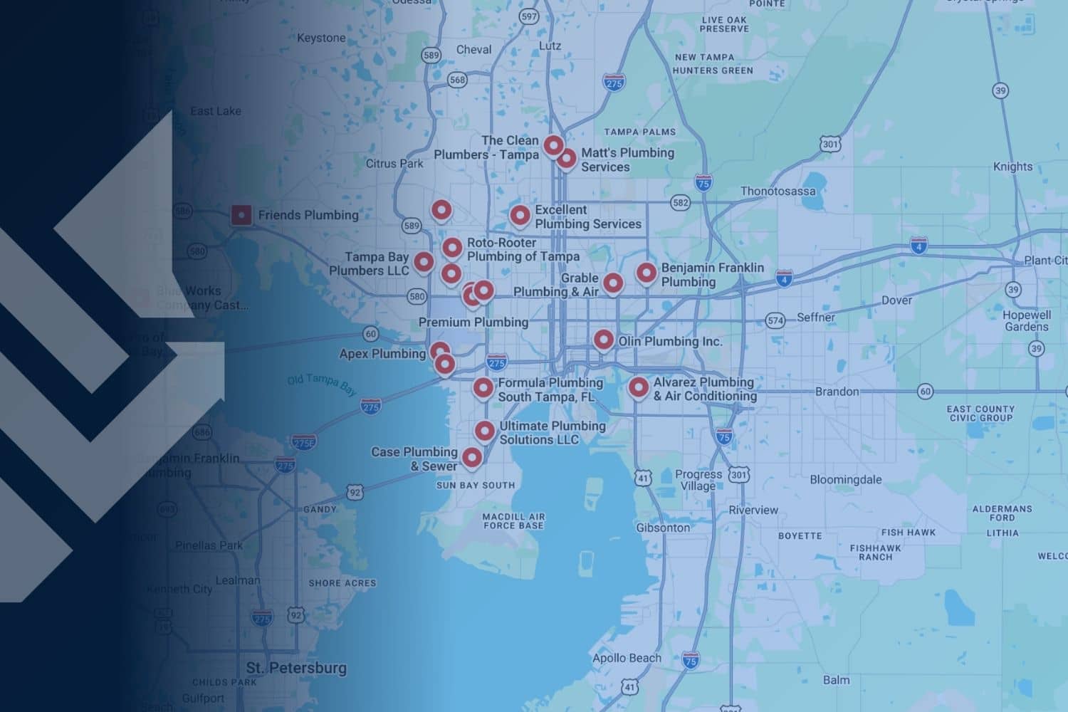 Map of Tampa, FL plumbing companies competing for Google Maps local pack rankings