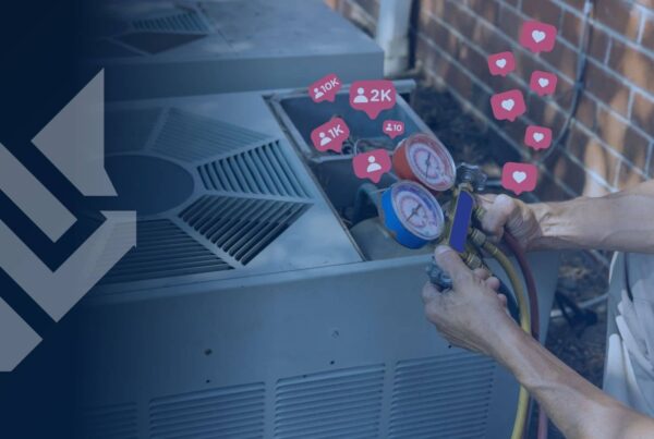 HVAC technician servicing an outdoor AC unit with social media likes and follower icons floating above, illustrating social media marketing for HVAC and home service businesses