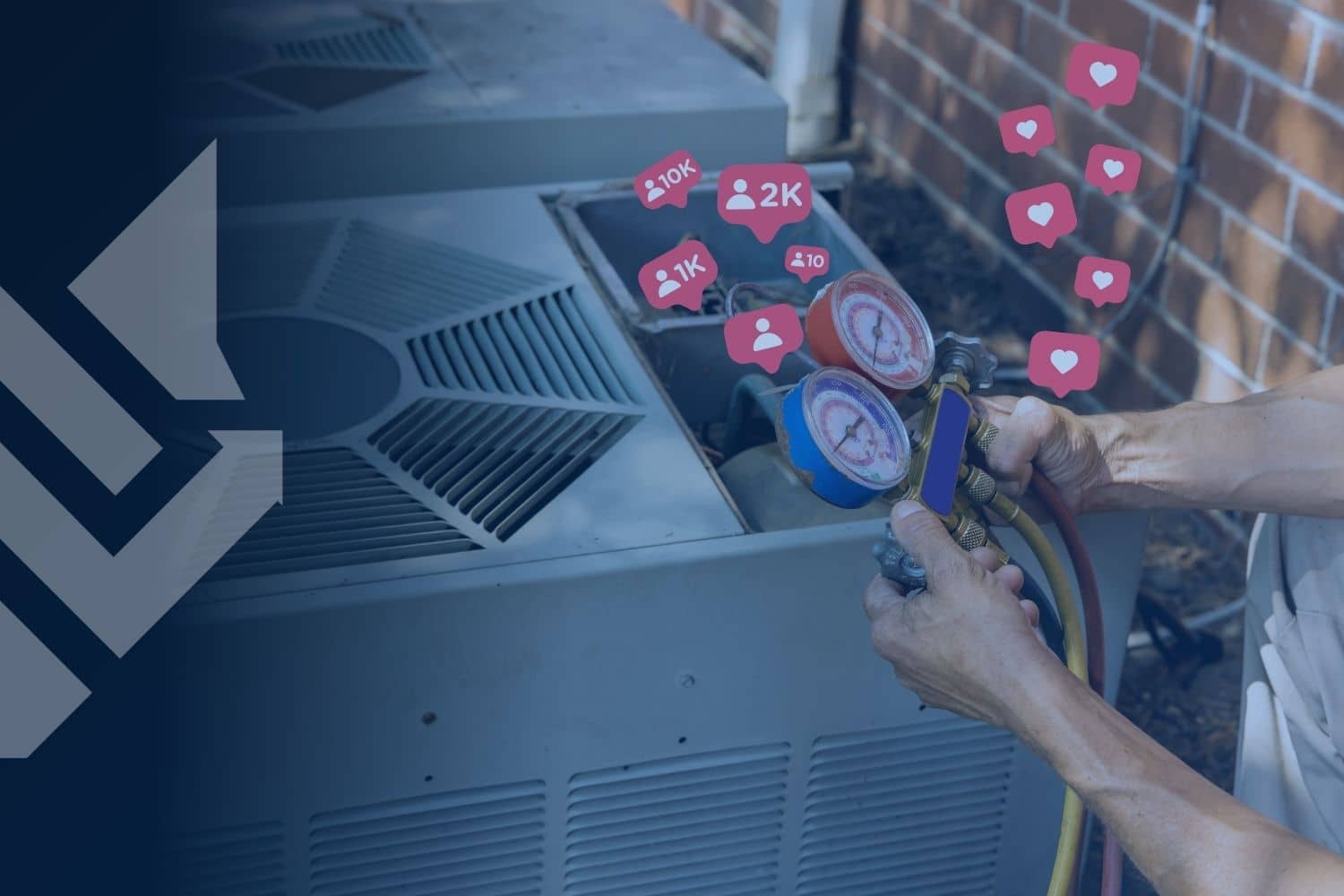 HVAC technician servicing an outdoor AC unit with social media likes and follower icons floating above, illustrating social media marketing for HVAC and home service businesses