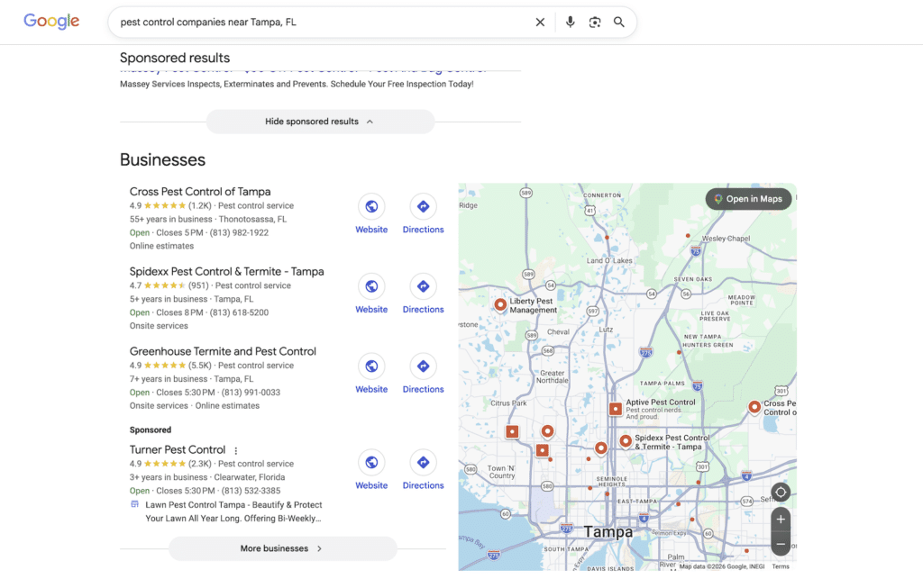 Pest control companies near Tampa, FL on Google Search showing the Map Pack of 3 companies plus a sponsored post.