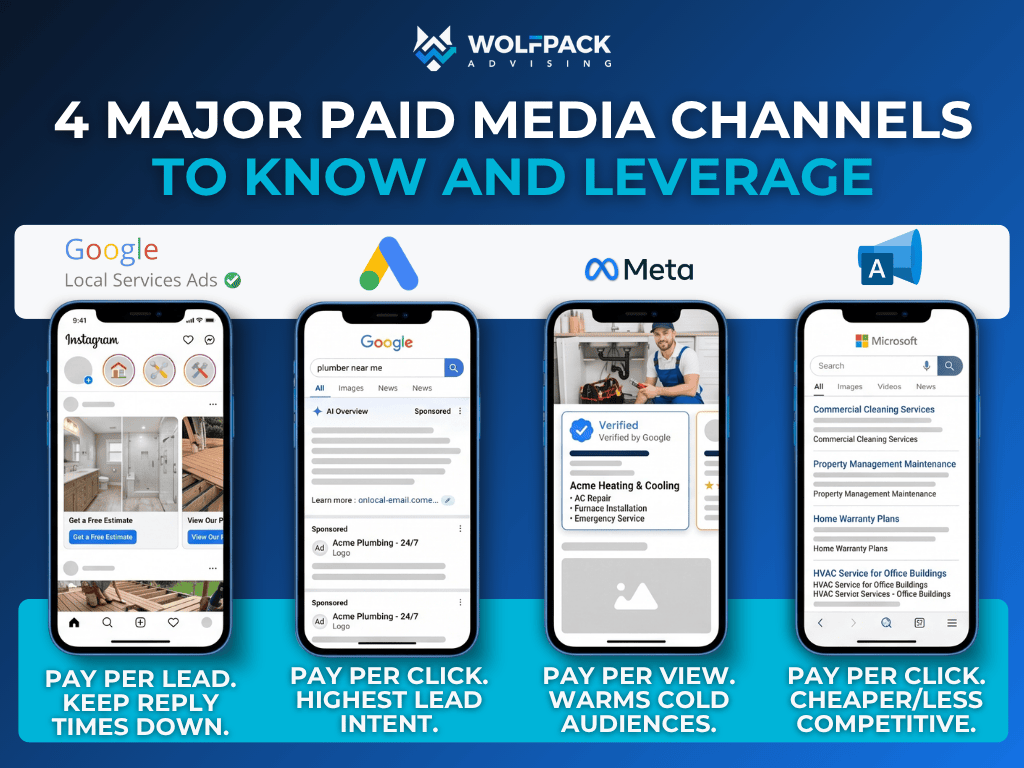 Four major paid media channels compared: Local Services Ads pay per lead, Google Ads pay per click, Meta pay per view, and Microsoft Ads