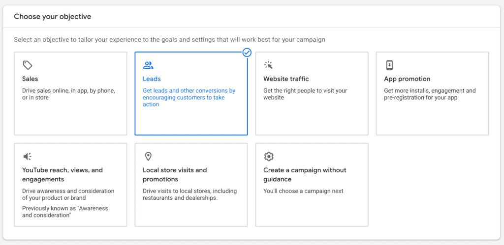 Google Ads campaign objective screen with Leads selected, the first step in creating a Performance Max campaign