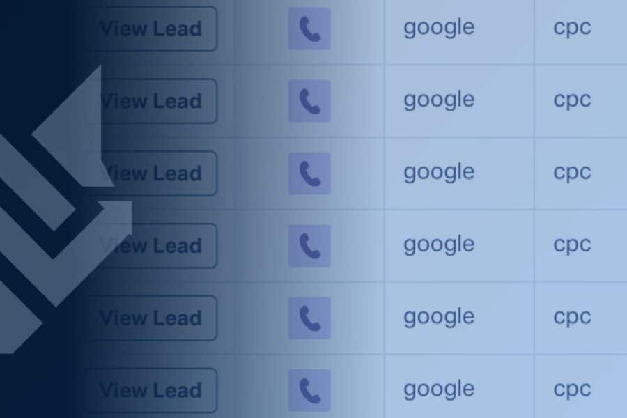WolfPack lead center dashboard listing inbound leads with Google and CPC tracking tags from paid media campaigns