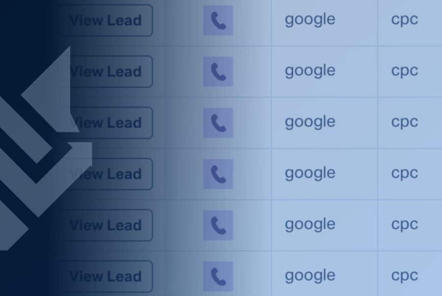 WolfPack lead center dashboard listing inbound leads with Google and CPC tracking tags from paid media campaigns